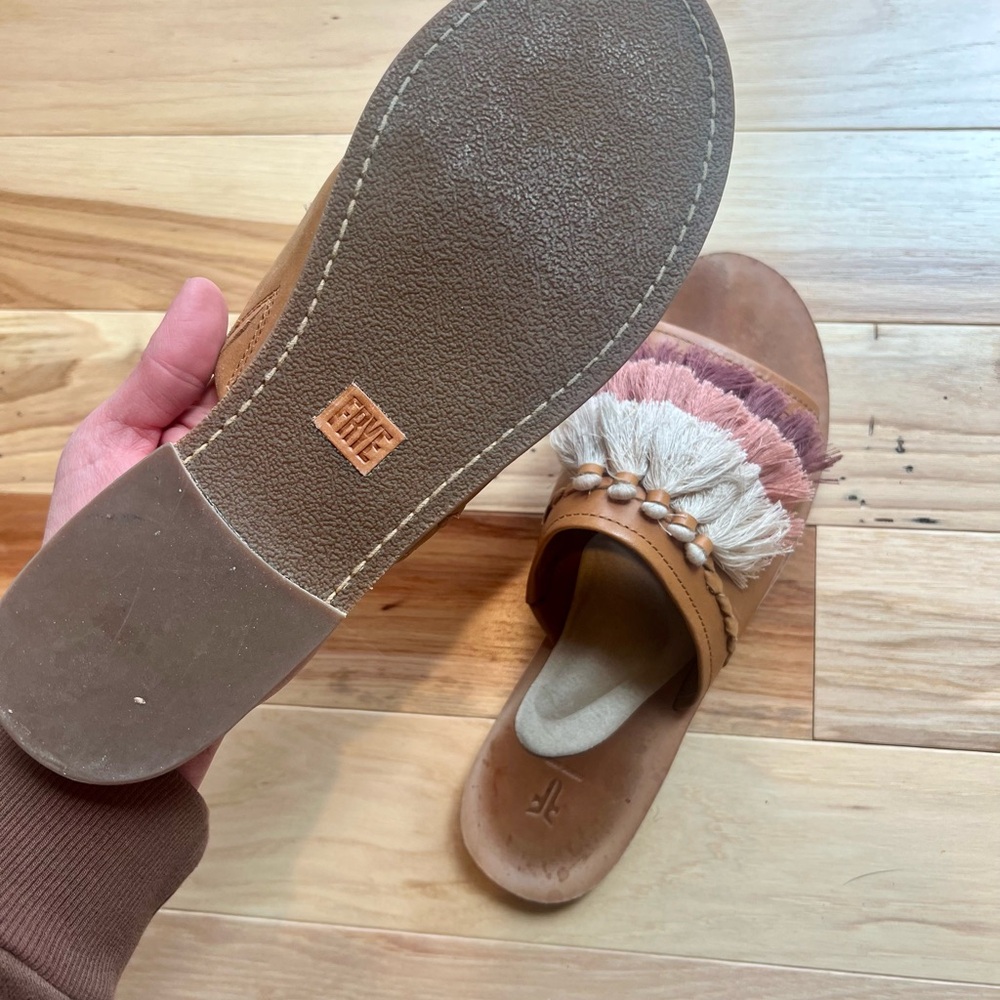 Frye Fringe Leather Slide Sandals - Brown and Purple - Picture 3 of 3